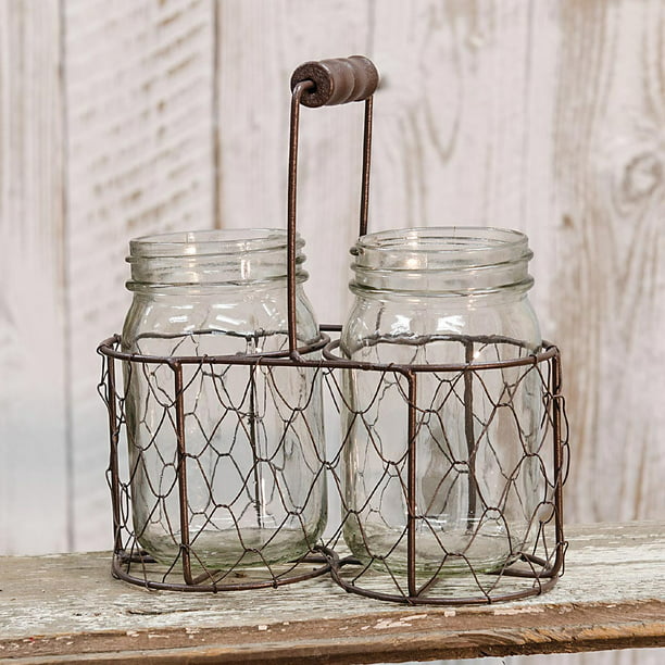 Primitive Country Chicken Wire Mason Jar  Salt & Pepper Shakers and Caddy